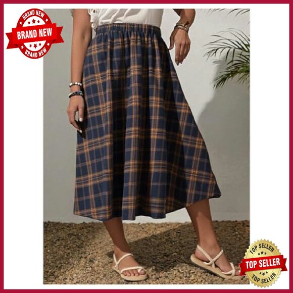 Plus Size Plaid Midi Skirt Elastic Waist Flowy Vintage Fall - Picture 3 of 6